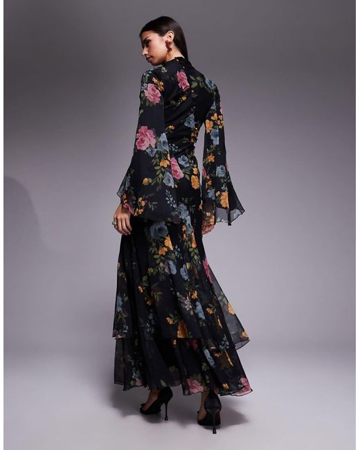 ASOS Black Long Sleeve Layered Godet Bias Cut Maxi Dress