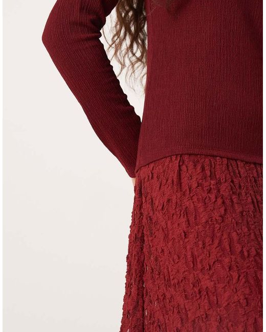 ASOS Midi-Jurk Met Lange Mouwen, Verlaagde Taille En Kanten Rok in het Red