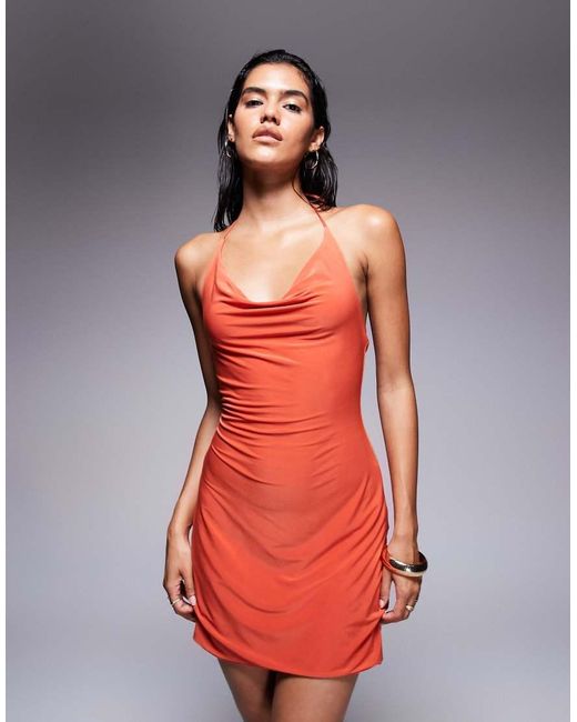 Fashionkilla Red Exclusive Slinky Double Sculpted Halter Cowl Neck Low Back Mini Dress