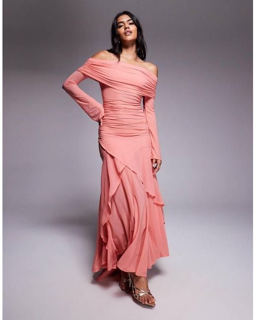 ASOS Stretch Chiffon Long Sleeve Bardot Maxi Dress With Ruffle Hem in Pink 