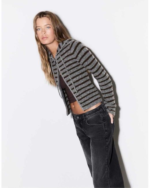 Stradivarius Gray Knitted Zip-Up Jacket