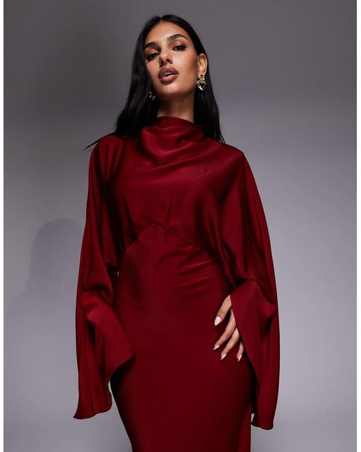 ASOS Red Funnel Neck Satin Maxi Dress With exaggerated Sleeves