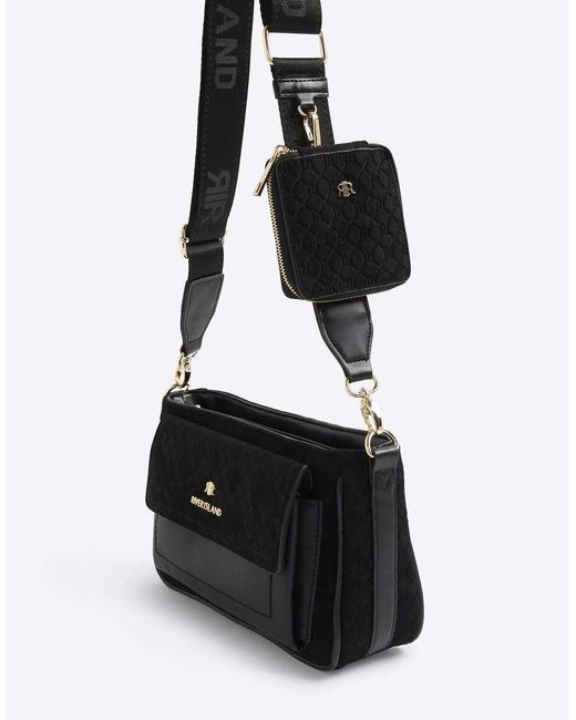 River Island Black Monogram Faux Suede Cross Body Bag