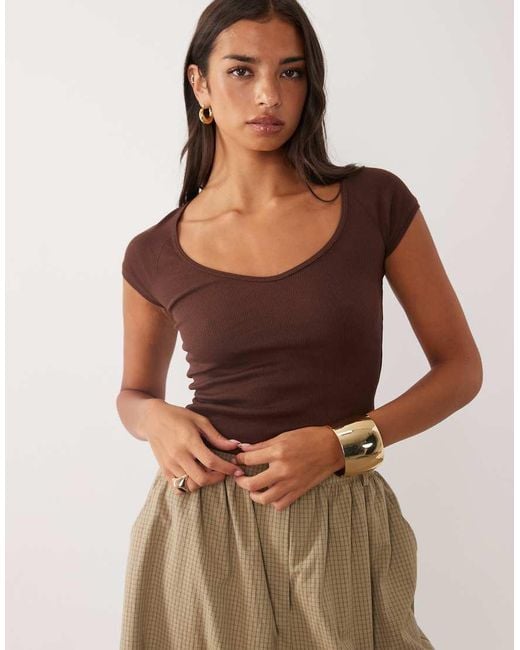 ASOS Brown Ribbed Raglan V Neck Baby Tee