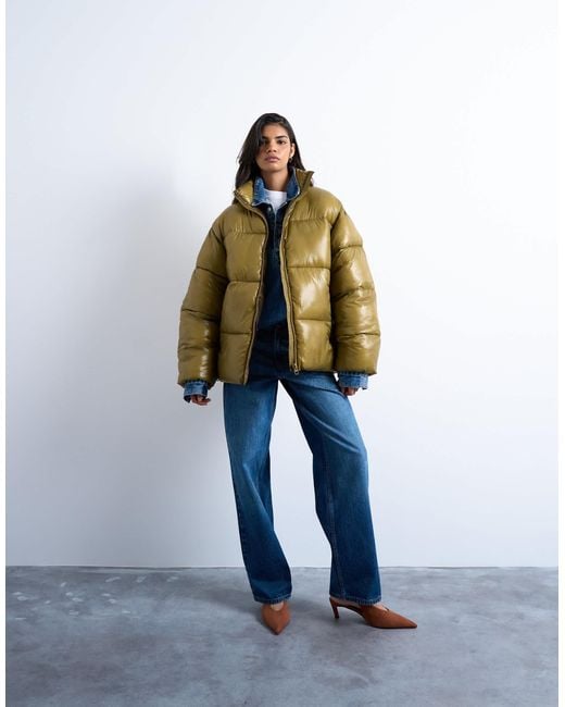 TOPSHOP Blue High Shine Mid Length Funnel Neck Puffer Jacket