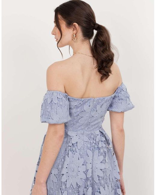 Maya Blue Bardot Puff Short Sleeve Lace Midi Dress