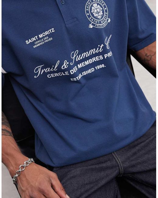 ASOS Blue Heavyweight Oversized Pique Polo With Piping Detail And Football Graphic for men