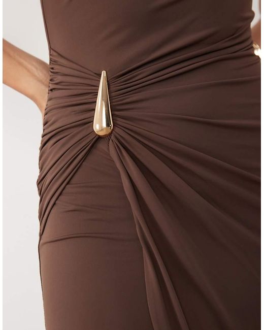 Bardot Brown Reed Draped Maxi Dress With Thigh Split