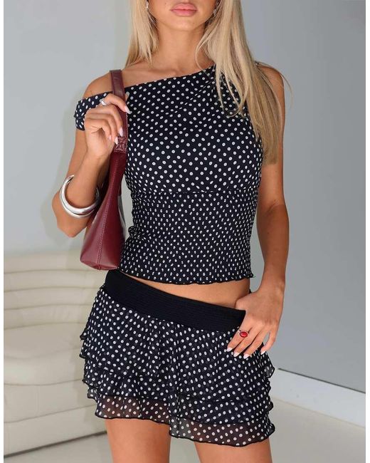 Princess Polly Gray Shirred Waist Asymmetric Off Shoulder Top Co-ord