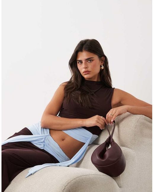 Missy Empire Brown Slinky High Neck Colourblock Drape Waist Detail Top Co-Ord