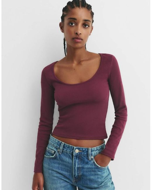 Pull&Bear Red Ribbed Long Sleeve T-Shirt