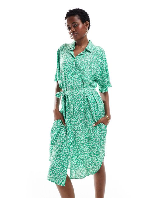 Monki Green Tie Waist Midi Shirt Dress