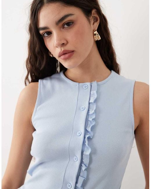 Miss Selfridge Blue Button Through Tank With Frill Hem N
