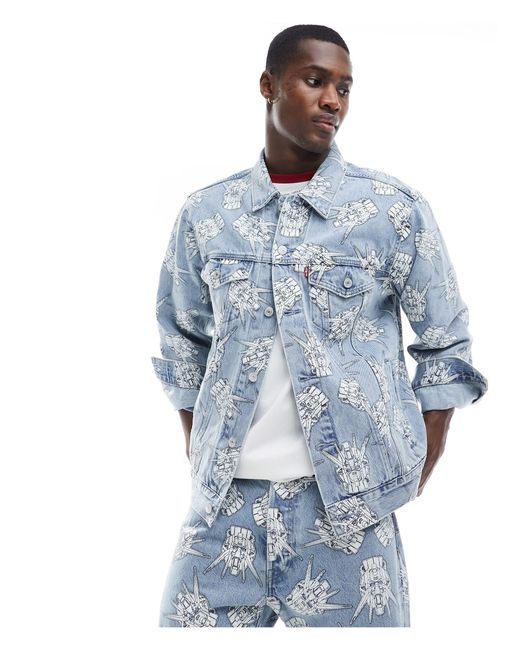 X gundam collab starfighter - giacca trucker di jeans taglio comodo lavaggio chiaro con stampa ripetuta di Levi's in Blue da Uomo