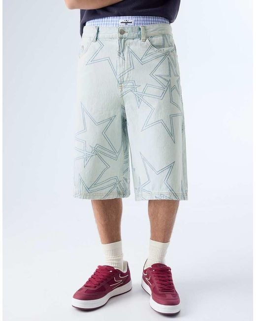 Bershka Blue Super baggy Denim Bermuda Shorts With Stars for men
