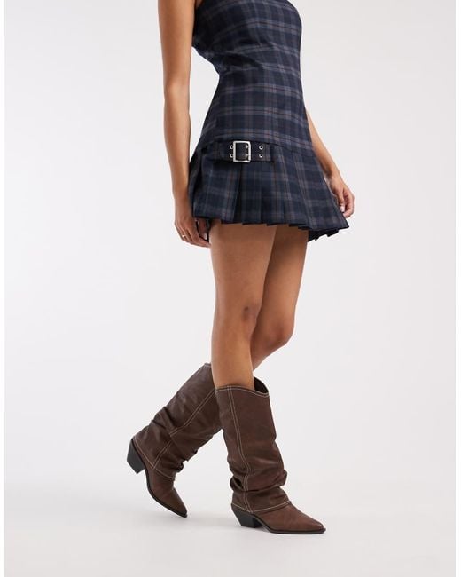 SEQWL Wide Fit Brown Western Knee Boots With Rouching