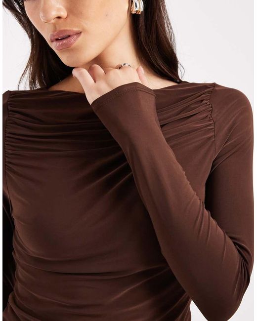 ASOS Brown Slinky Long Sleeve Top With Ruched Boat Neck