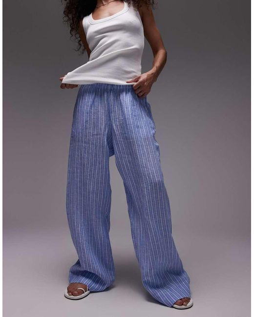 ARKET Blue Linen Straight Leg Trousers With Pull-on Waist