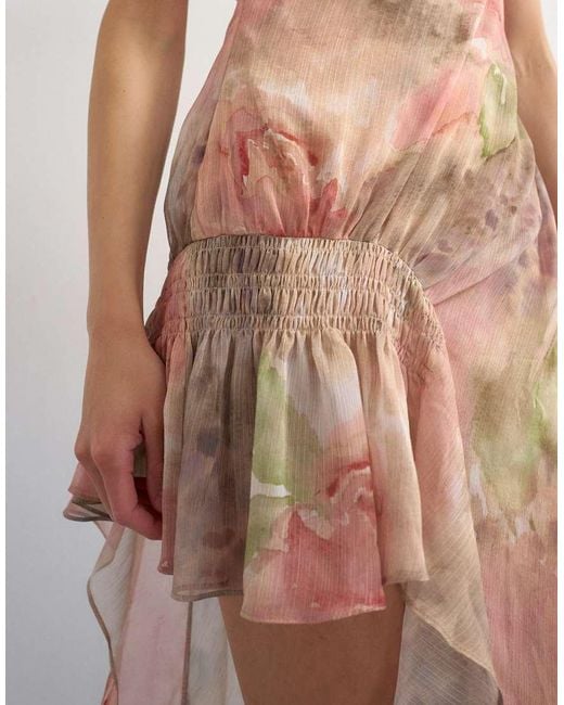 TOPSHOP Pink Premium Chiffon High Low Maxi Dress With Smocking Detail