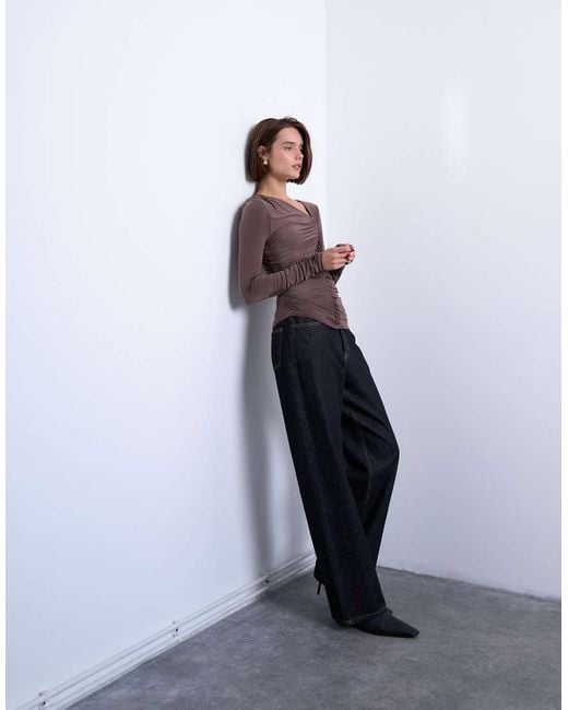 TOPSHOP Purple Asymmetric Ruched Long Sleeve Top
