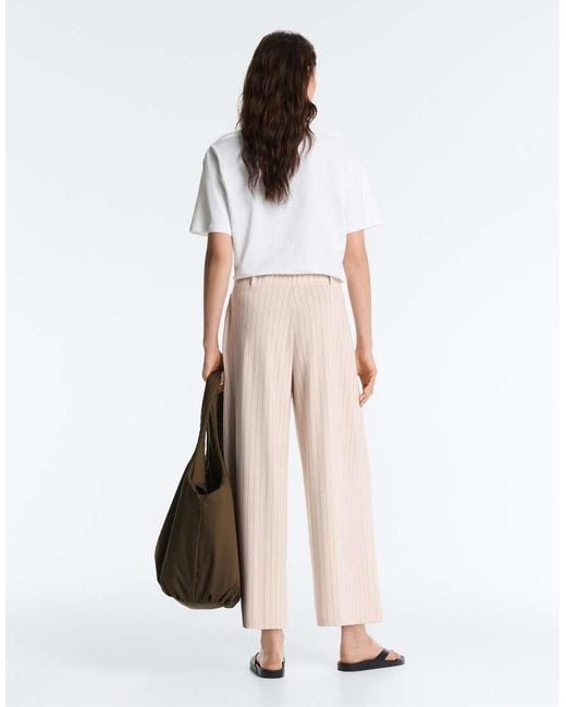 Oysho White Wide-Leg Crop Trousers With Pleats And Stripes