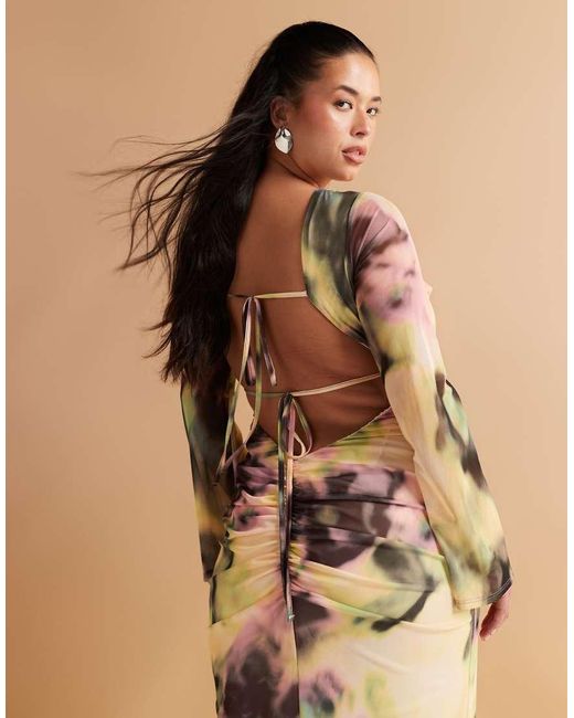 ASOS Natural Asos Design Curve Long Sleeve Mesh Maxi Dress With Double Tie Back