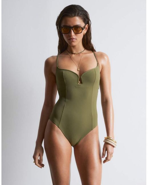 & Other Stories Green Ribbed U-front Swimsuit