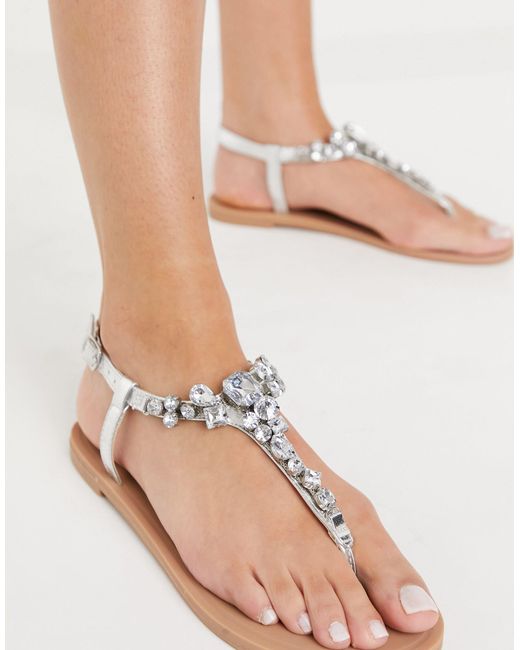 ASOS Faraway Embellished T-bar Flat Sandals in Silver (Metallic) - Lyst