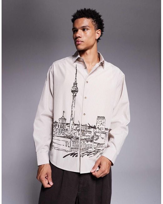 ASOS Gray Oversized Stripe Shirt With Landscape Print for men
