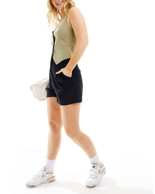 ASOS Black Hourglass High Waist Seam Detail Shorts With Linen Look