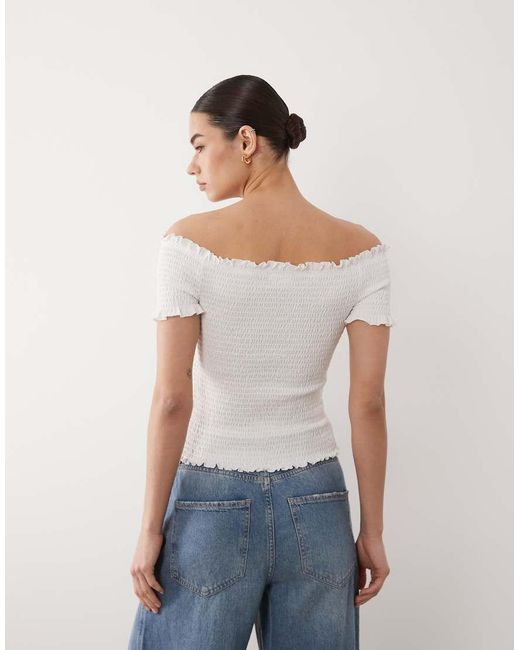 Mango White Teen Shirred Off Shoulder Top