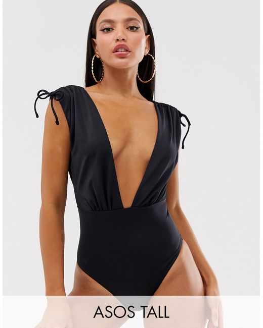 ASOS Denim Asos Design Tall Recycled Ruched Shoulder Plunge Swimsuit in  Black - Lyst