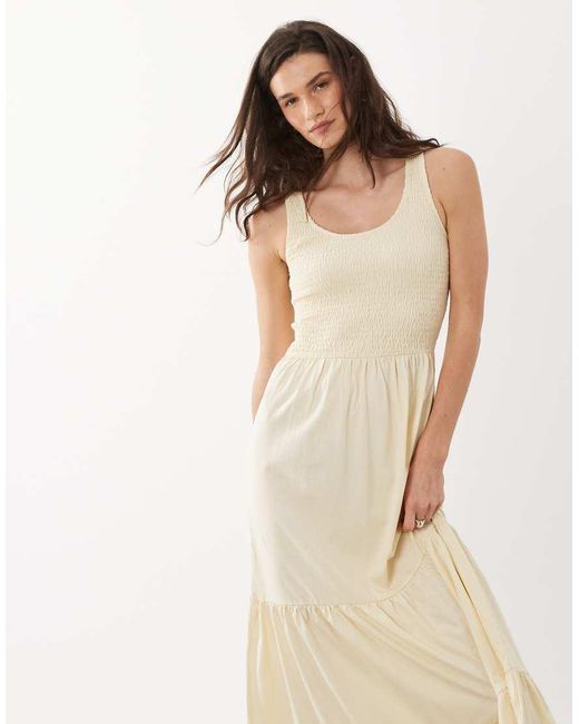 Brave Soul Natural Scoop Neck Shirred Bodice Maxi Dress With Tiered Skirt