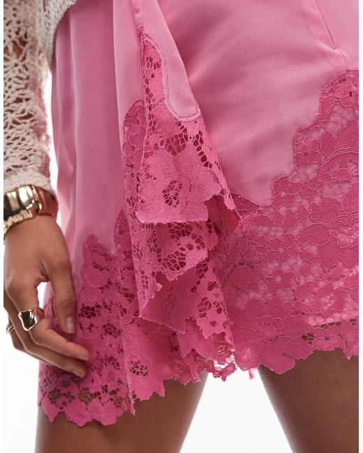 TOPSHOP Pink Asymmetric Mini Skirt With Lace Trim