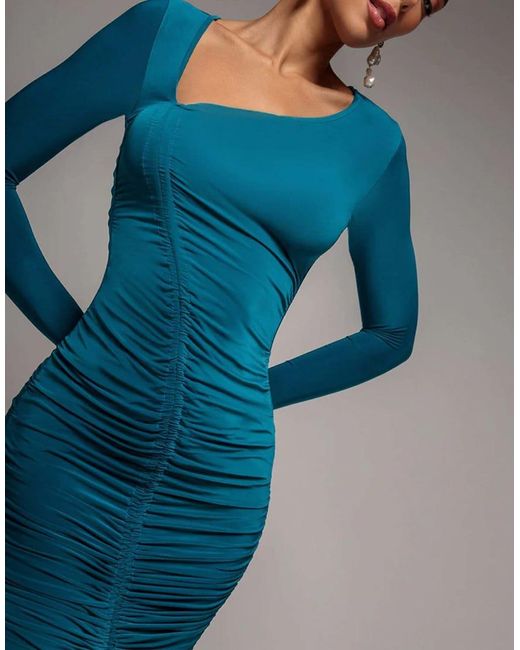 Goddiva Blue Asymmetrical Neck Ruched Midi Dress