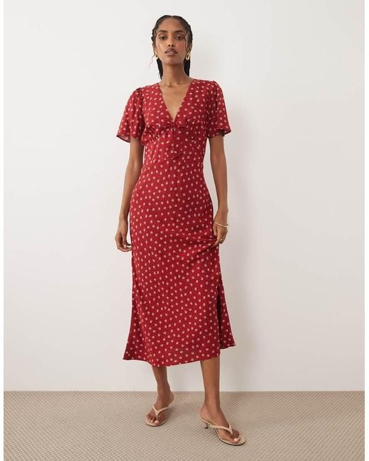 Nobody's Child Red Faith V Neck Flutter Sleeve Midi Dress