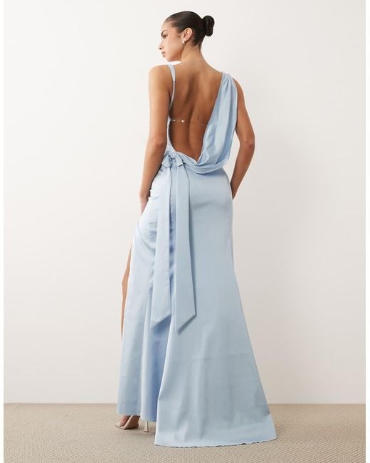 Oh Polly Blue Satin Cowl Drape Open Back Detail Thigh Split Maxi Dress