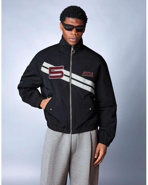 Bershka Blue Printed Zip-Up Jacket for men