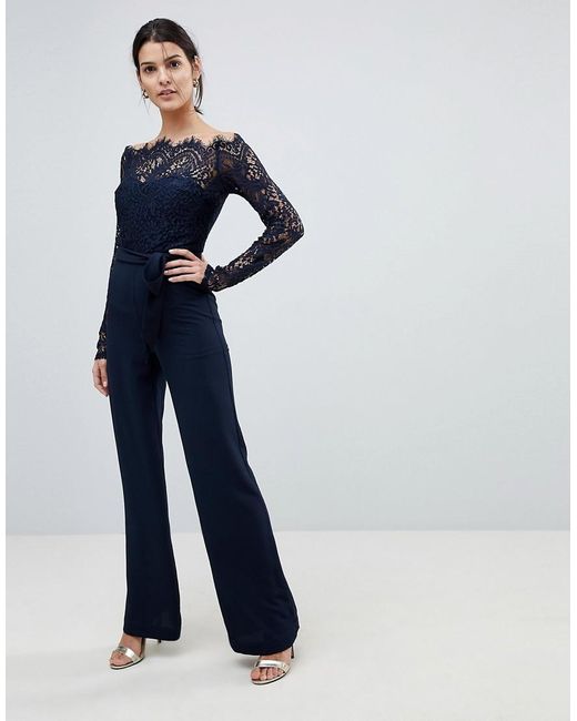 Lioness Blue Jumpsuit mit schulterfreiem Spitzen-Oberteil und weitem Bein