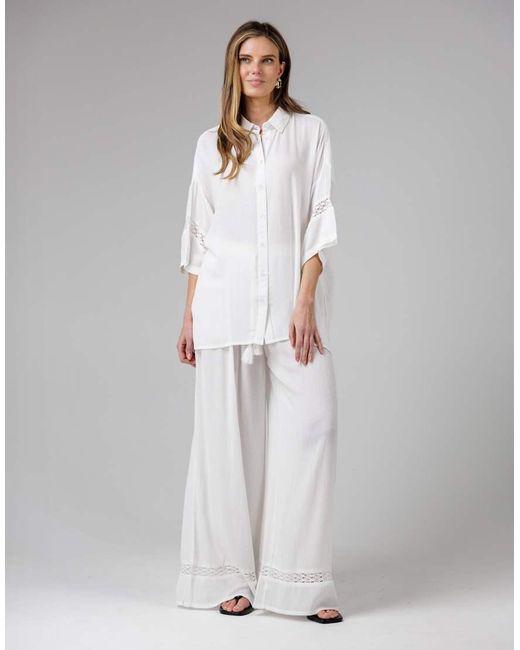 French Connection White Crinkle Trim Elasticated Drawstring Waist Wide Leg Trousers