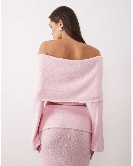 Wanderdoll Pink Yasmin Off The Shoulder Bouclé Knit Dramatic Foldover Flared Sleeves Top