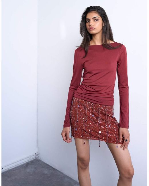 TOPSHOP Top Van Gladde Stof Met Lage Achterkant En Lange Mouwen in het Red