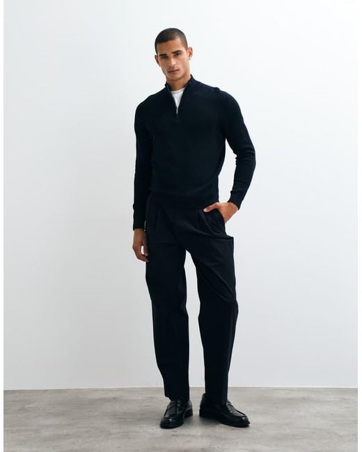 Mango Blue Cotton Rich Knitted Quarter Zip Jumper for men