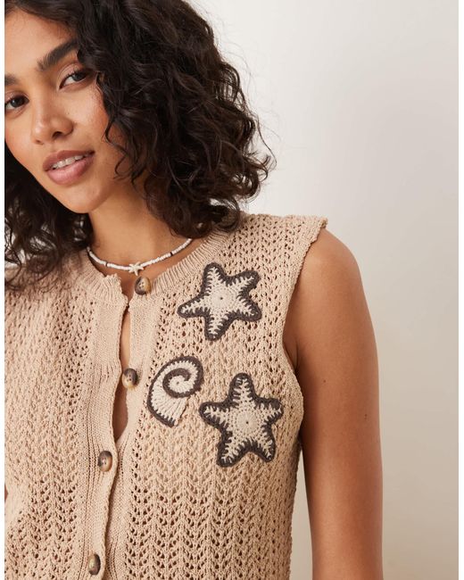 ASOS Natural Knitted Waistcoat Co-ord With Crochet Shells