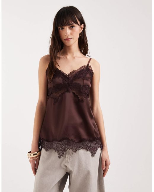 ASOS Lace Trim Longline Satin Cami Top in Black | Lyst