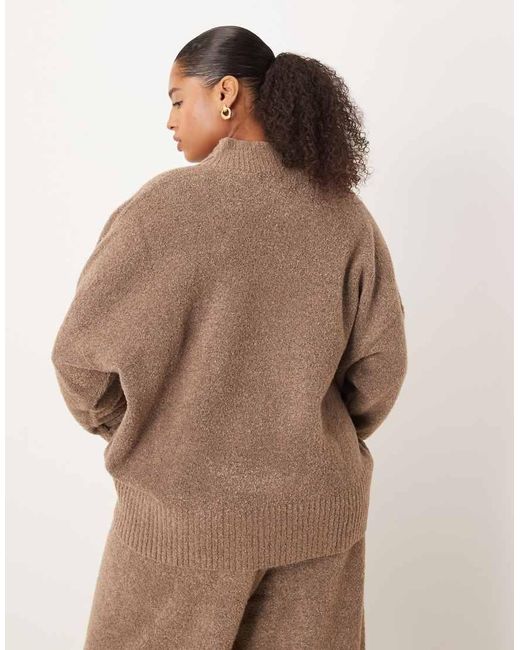 Pretty Lavish Curve Brown High V Neck Textured Knit Cuff Sleeve Jumper Co-ord
