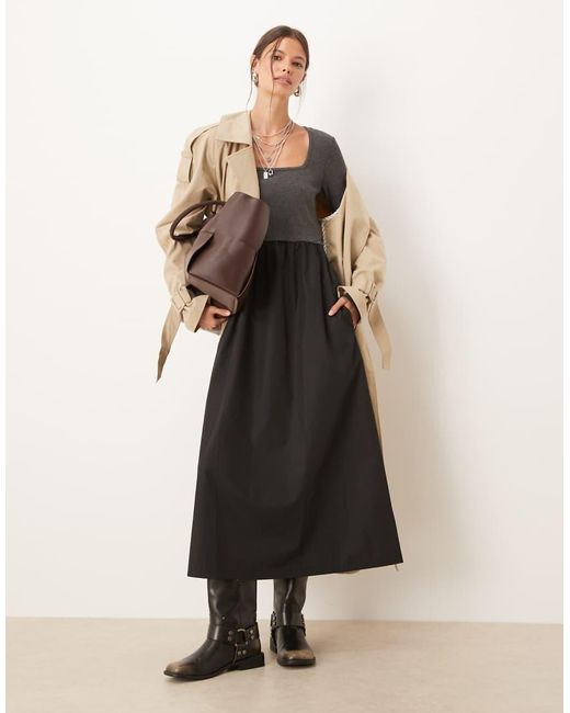 Threadbare Multicolor Long Sleeve Square Neck Midi Dress With Contrast Black Poplin Skirt