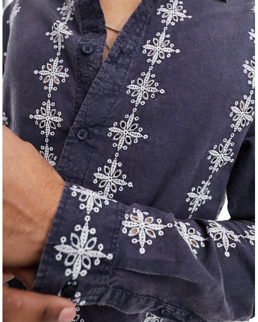 ASOS Blue Relaxed Shirt With Contrast Broderie Stripe for men