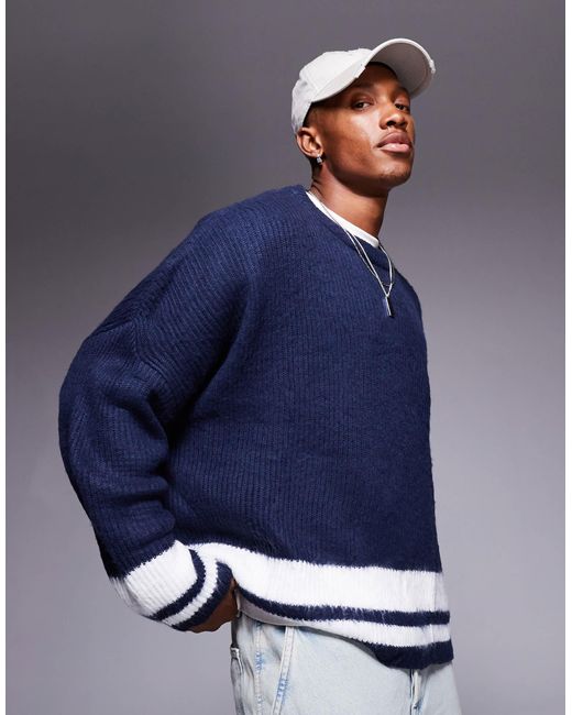 ASOS – kastiger, flauschiger strickpullover in Blue für Herren