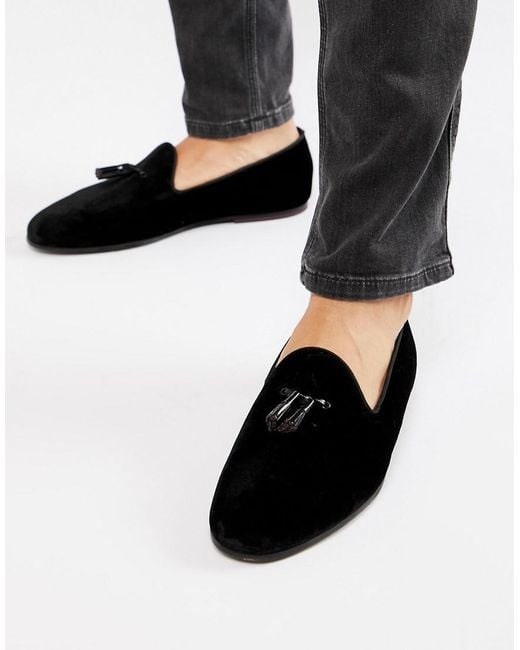 Mens black velvet loafers with tassels sale